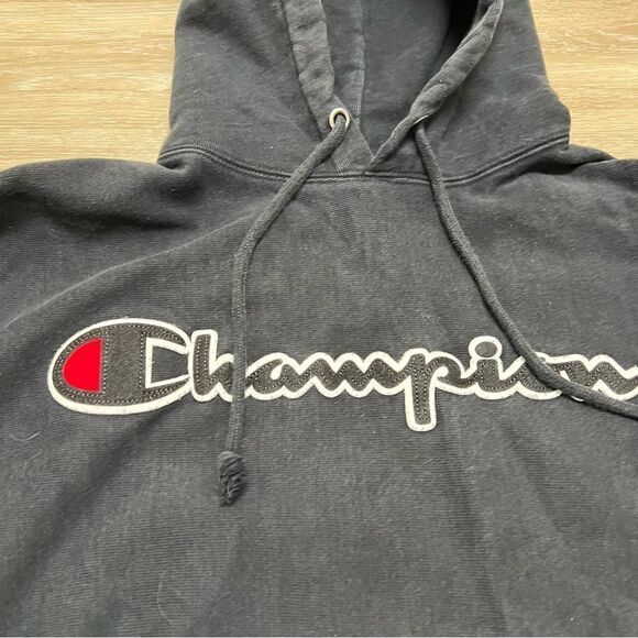 Champion Hoodie Men Medium Black Reverse Weave Sweatshirt Hoodie Spell Out Retro - Picture 6 of 7